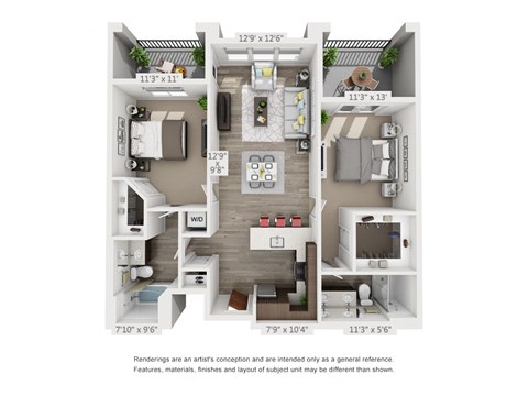 Floor plan for 2 beds, 2 baths, 1116 sqft